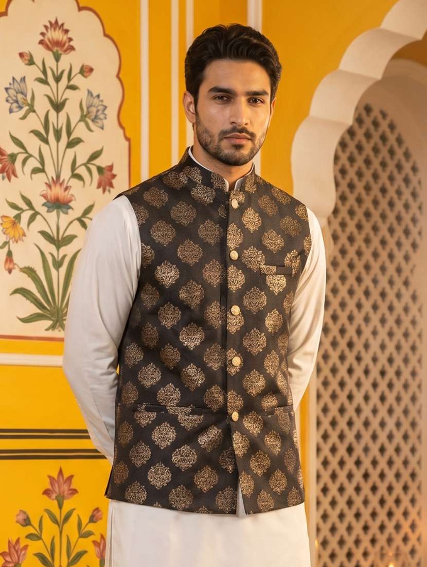 men self design mandarin neck nehru jacket - 22511283 -  Standard Image - 5