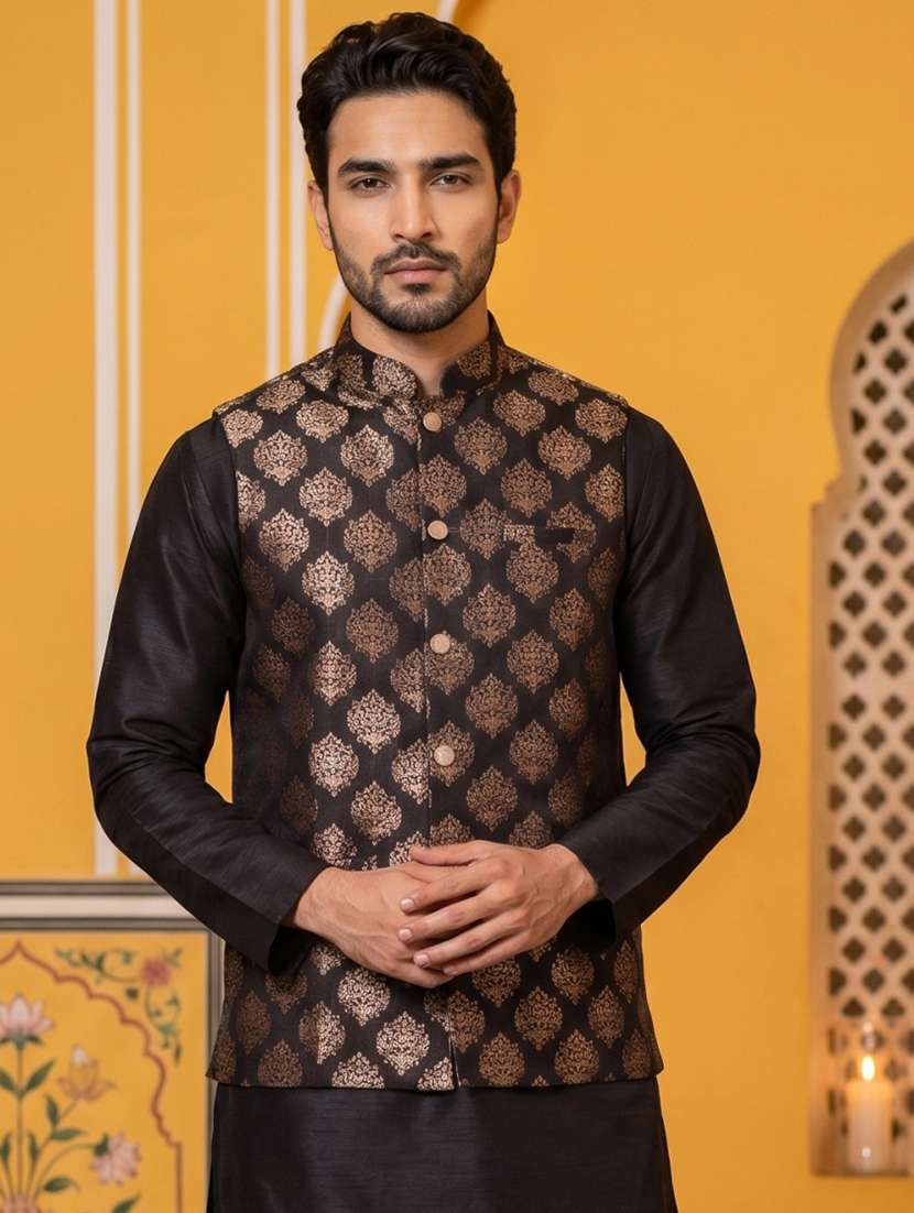 men self design mandarin neck nehru jacket