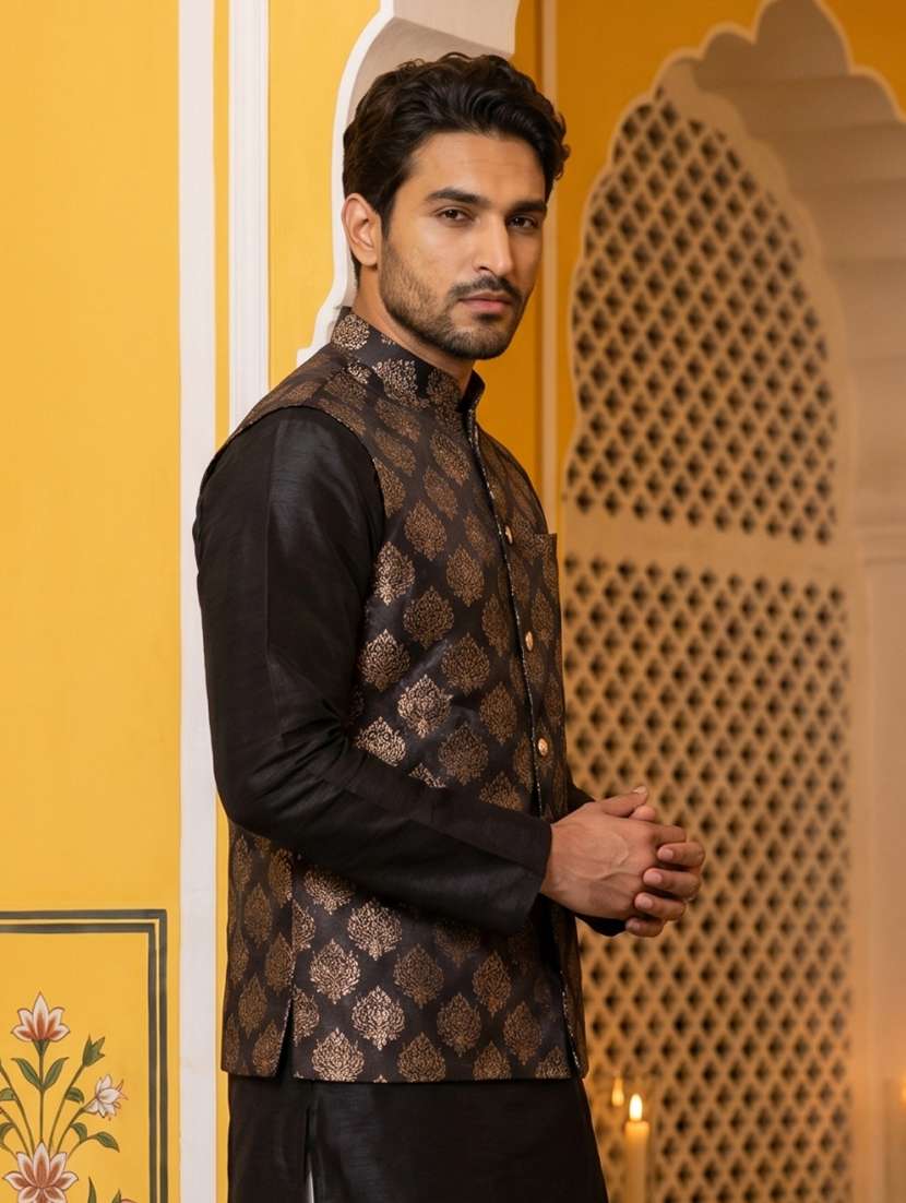 men self design mandarin neck nehru jacket - 22511284 -  Standard Image - 3
