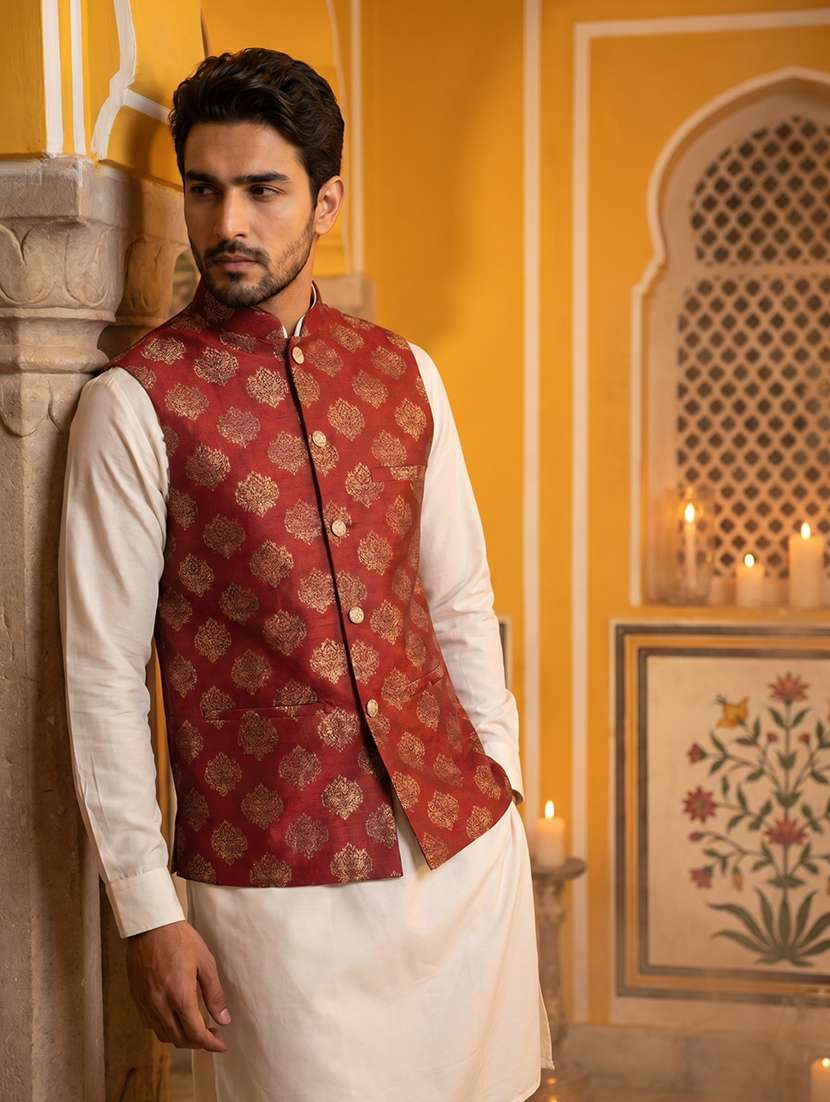 men self design mandarin neck nehru jacket