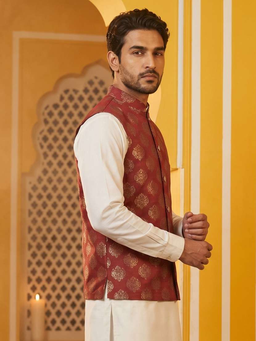 men self design mandarin neck nehru jacket - 22511285 -  Standard Image - 3