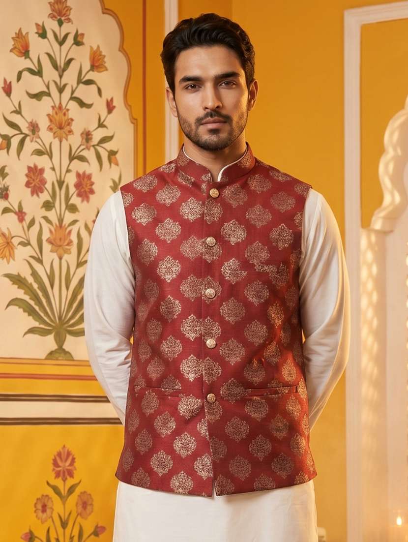 men self design mandarin neck nehru jacket - 22511285 -  Standard Image - 5