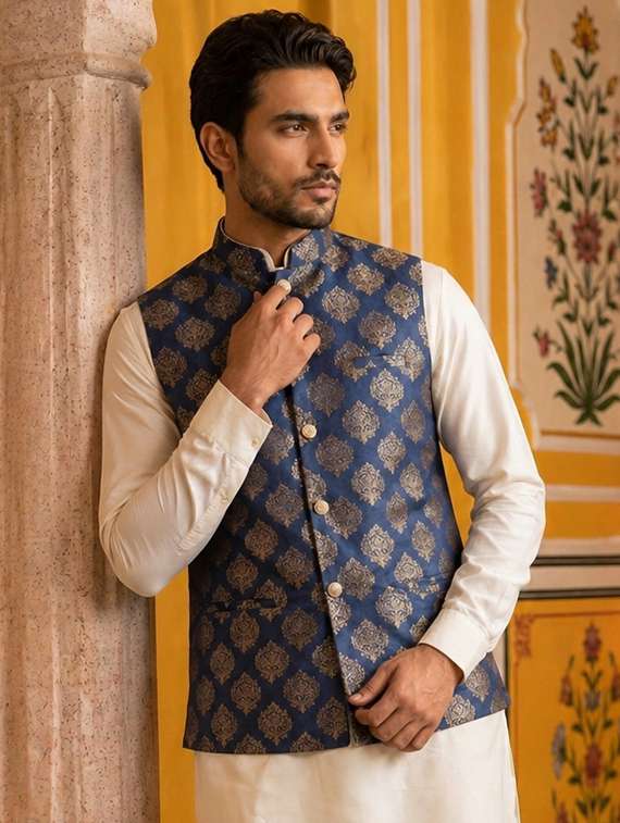 men self design mandarin neck nehru jacket