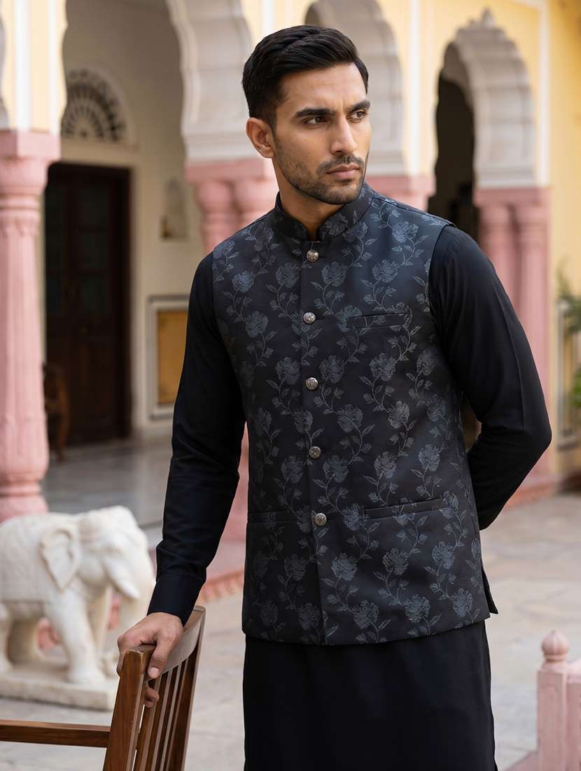 men floral mandarin neck nehru jacket