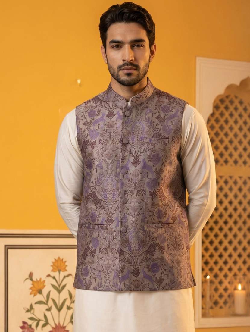 men self design mandarin neck nehru jacket