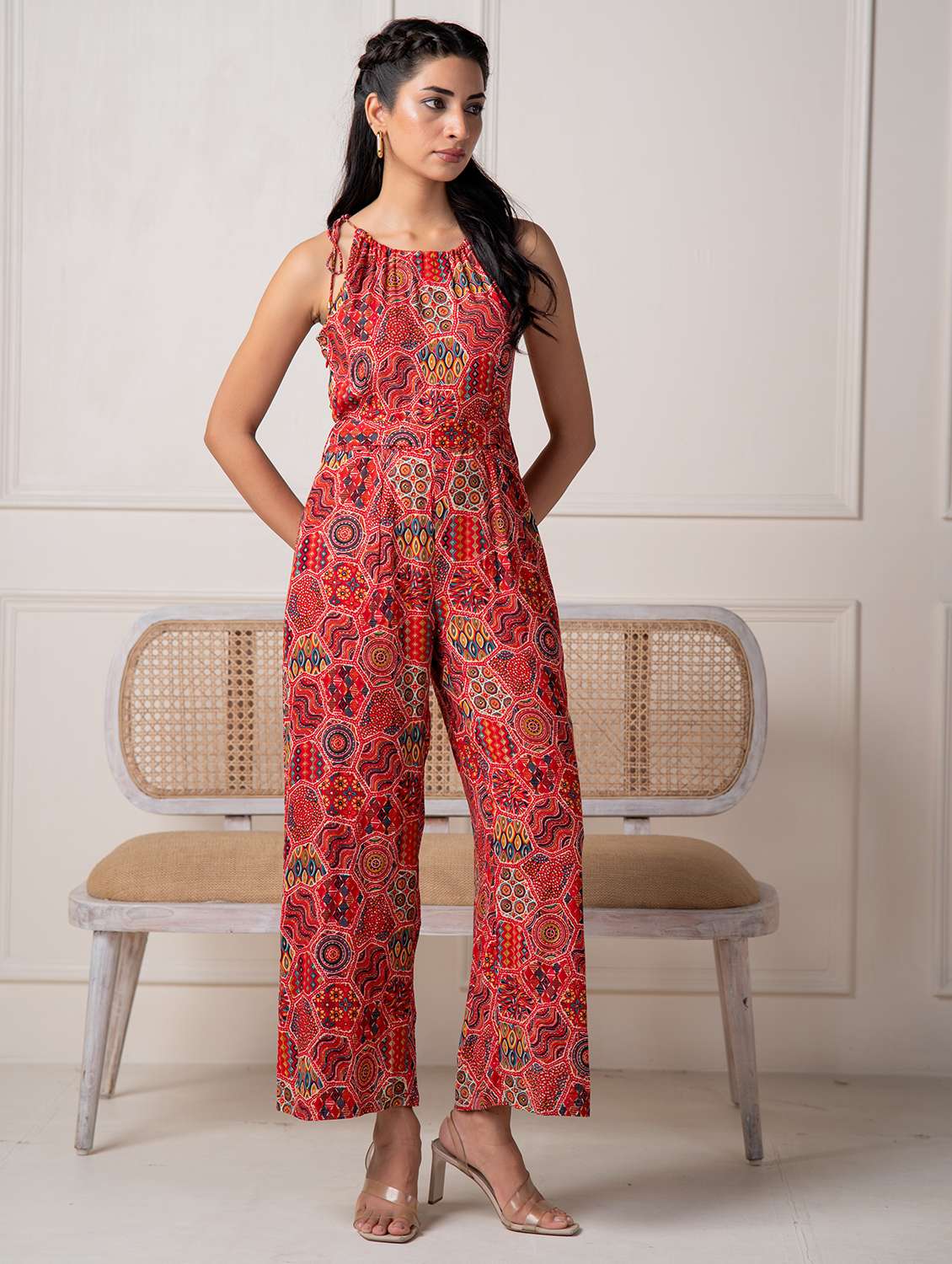 women printed halter neck full leg jumpsuit