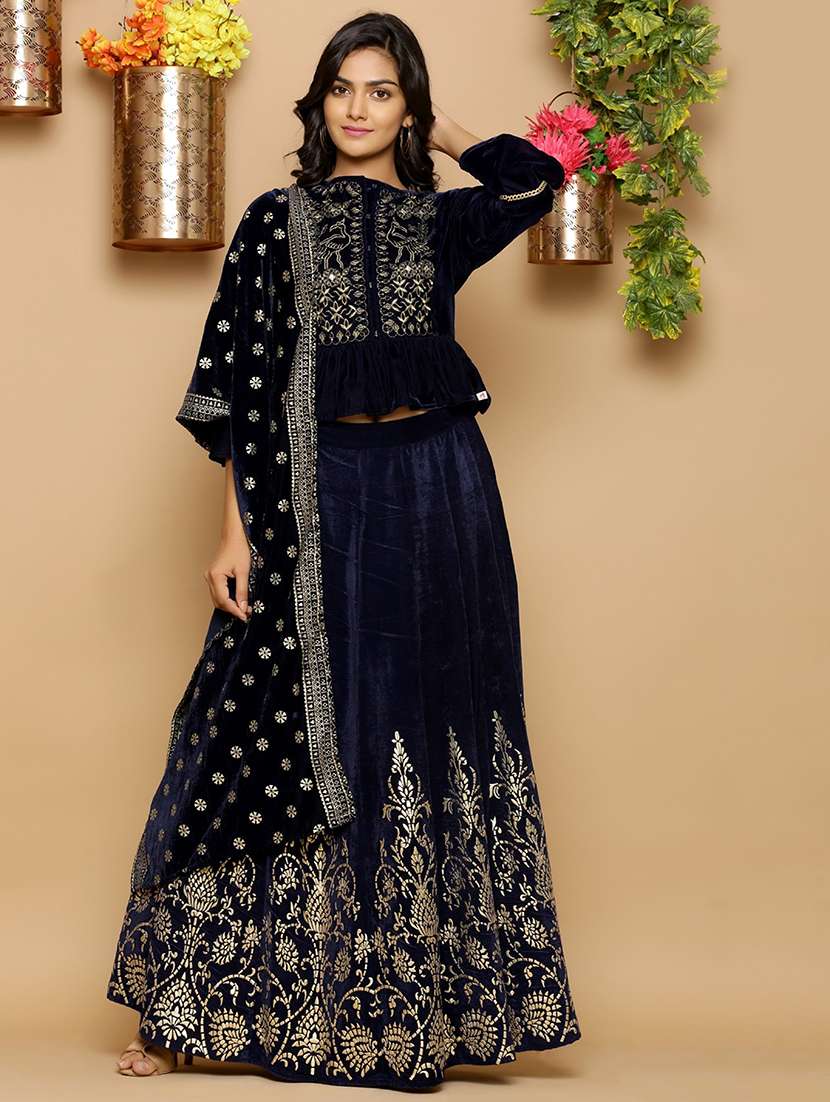 women embroidered round neck lehenga choli set