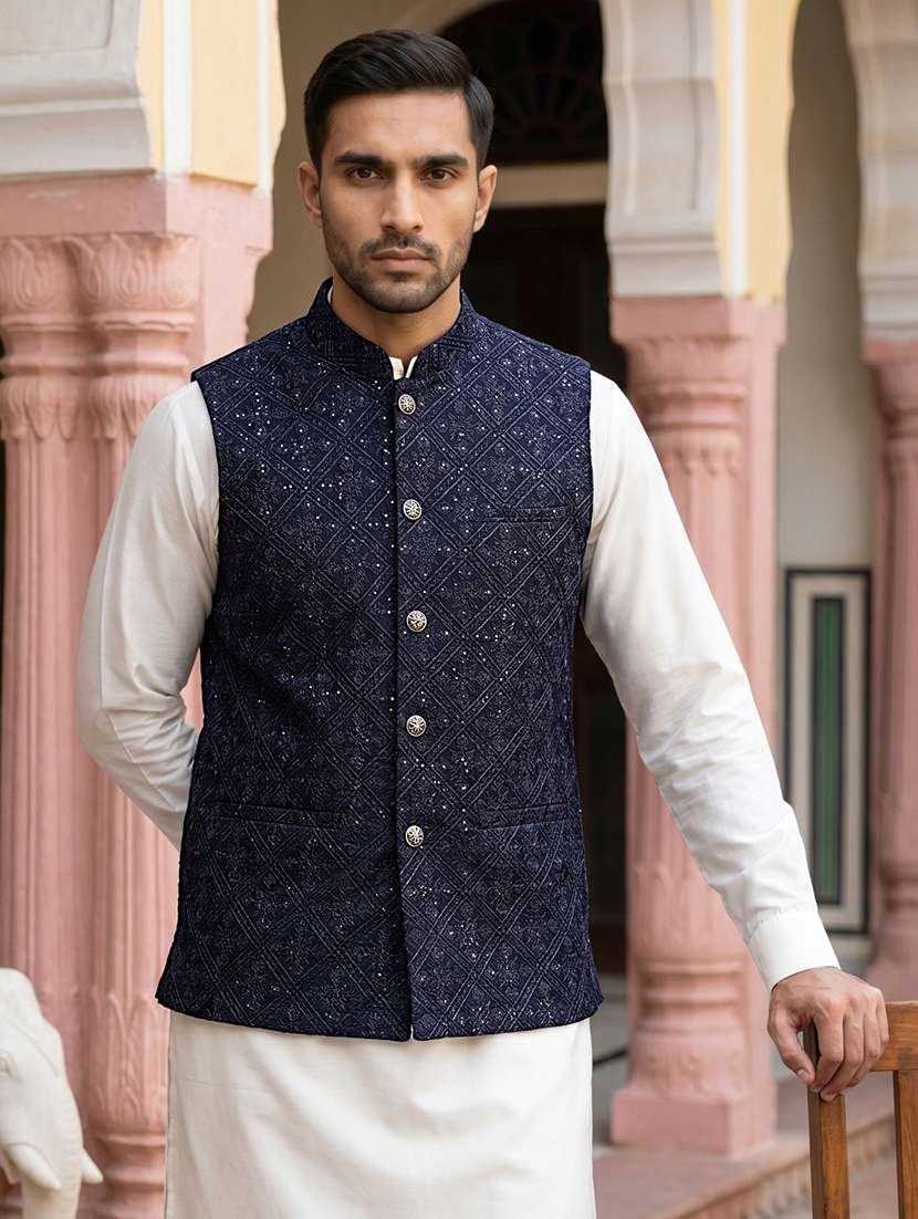 men embroidered mandarin neck nehru jacket