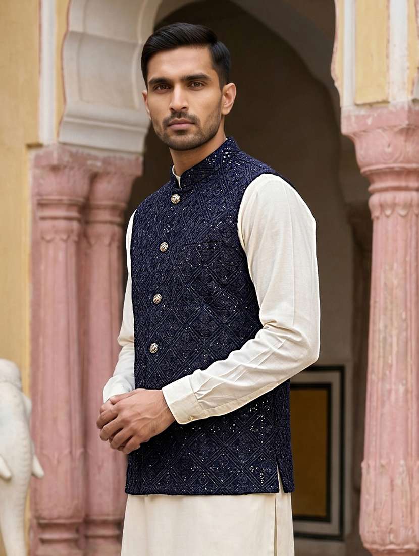 men embroidered mandarin neck nehru jacket - 22511304 -  Standard Image - 3