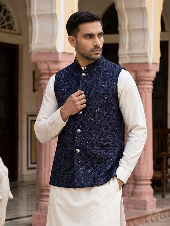 men embroidered mandarin neck nehru jacket - 22511304 -  Standard Image - 5