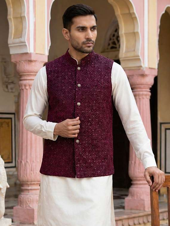 men embroidered mandarin neck nehru jacket
