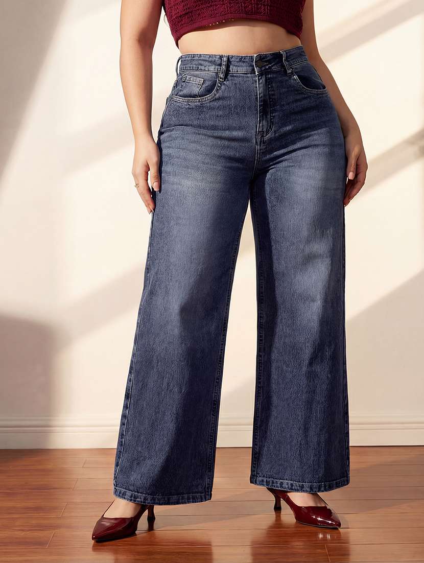 women washed high rise wide leg jeans