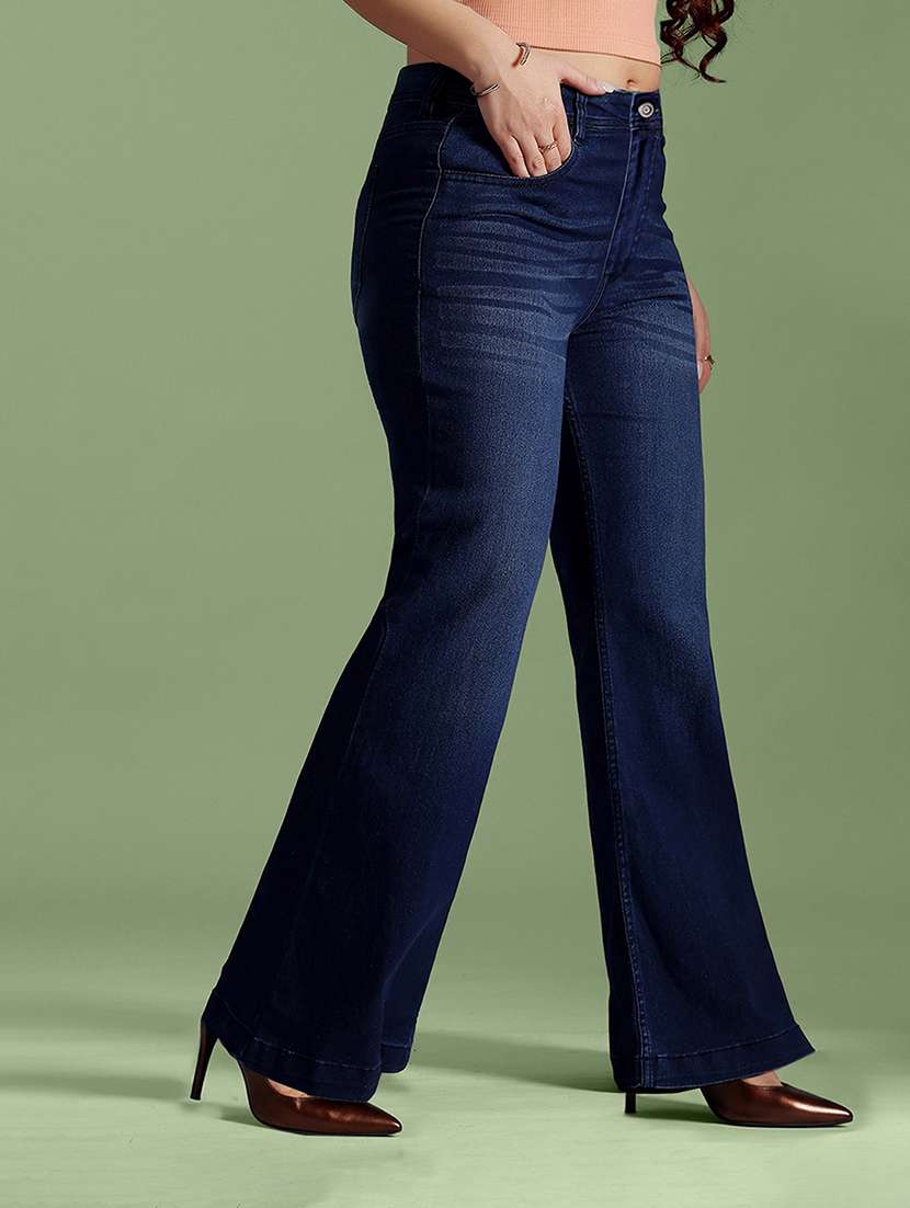 women washed high rise bootcut jeans