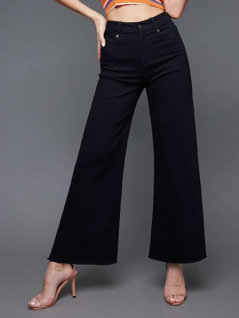 women solid high rise wide leg jeans