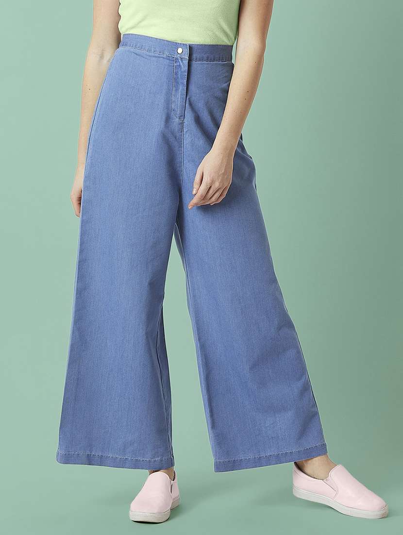 women solid high rise wide leg jeans