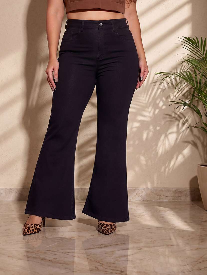 women solid high rise bootcut jeans