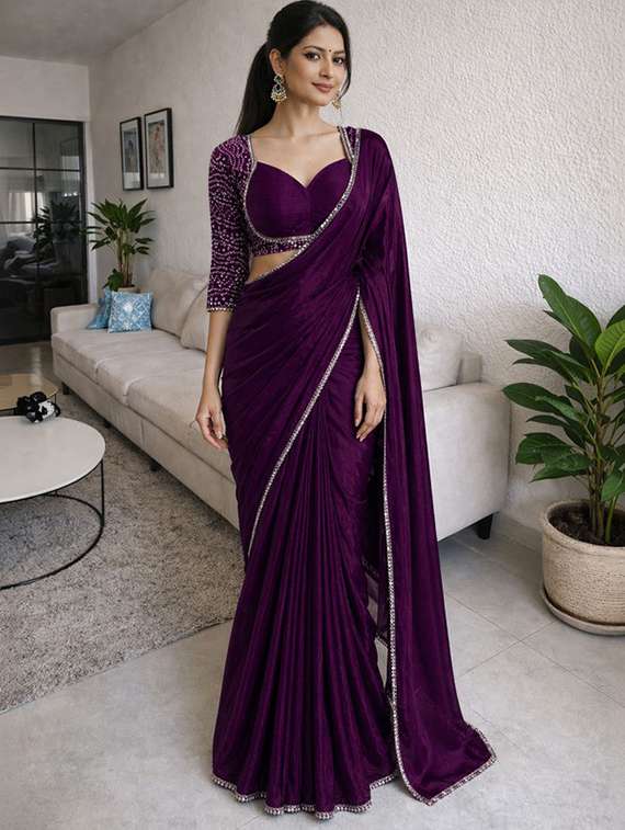 women solid with embellished bordered saree with blouse