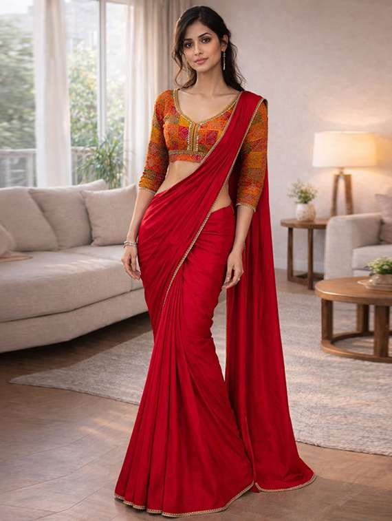 women solid with embellished bordered saree with blouse