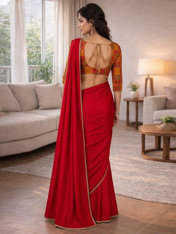 women solid with embellished bordered saree with blouse - 22511414 -  Standard Image - 3
