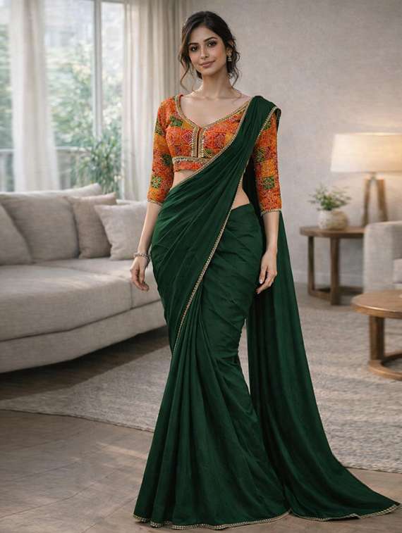 women solid with embellished bordered saree with blouse