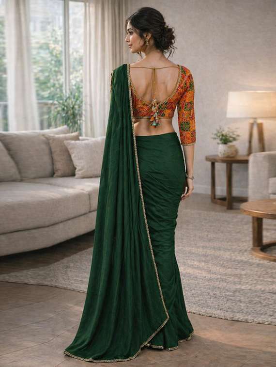 women solid with embellished bordered saree with blouse - 22511418 -  Standard Image - 3