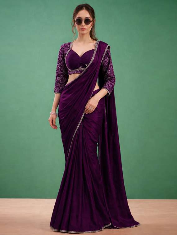 women solid with embellished bordered saree with blouse