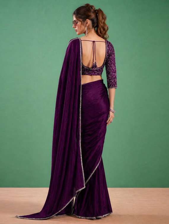 women solid with embellished bordered saree with blouse - 22511424 -  Standard Image - 3