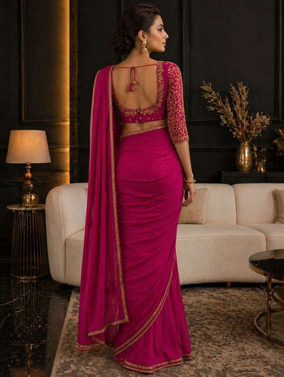 women solid with embellished bordered saree with blouse - 22511433 -  Standard Image - 3