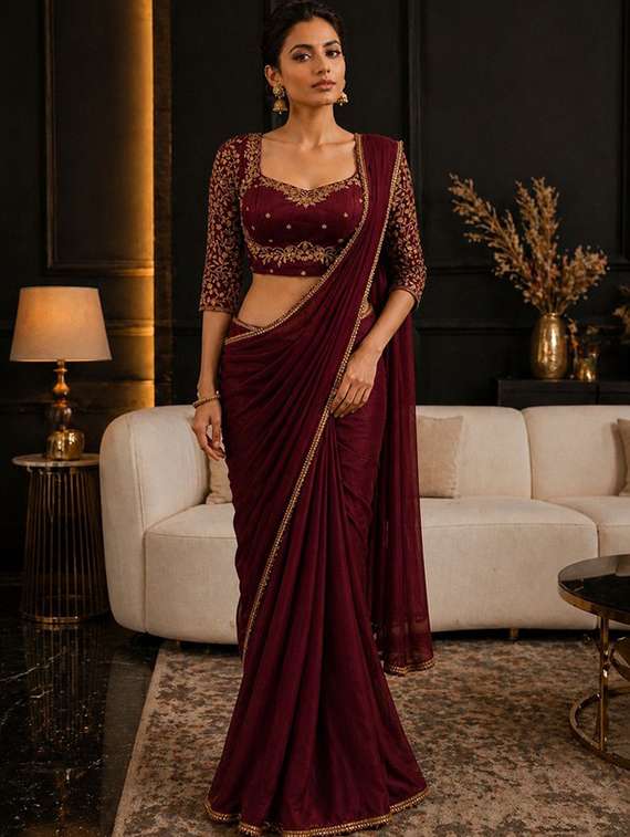 women solid with embellished bordered saree with blouse