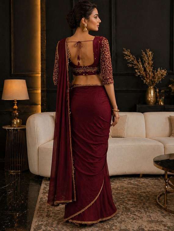 women solid with embellished bordered saree with blouse - 22511434 -  Standard Image - 3