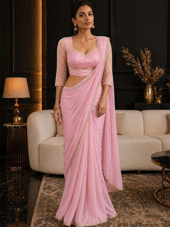 women solid with embellished bordered saree with blouse
