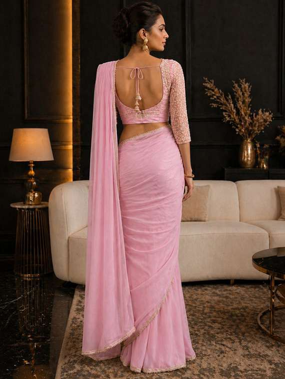 women solid with embellished bordered saree with blouse - 22511437 -  Standard Image - 3