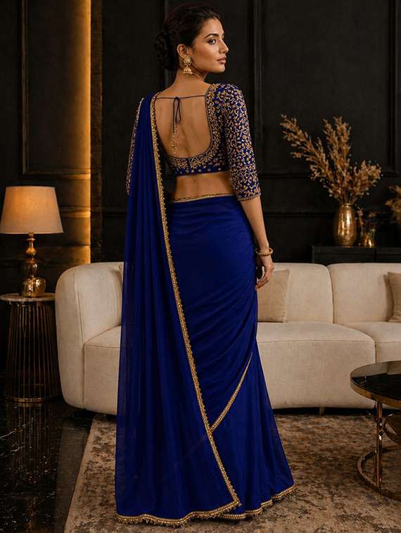 women solid with embellished bordered saree with blouse - 22511438 -  Standard Image - 3