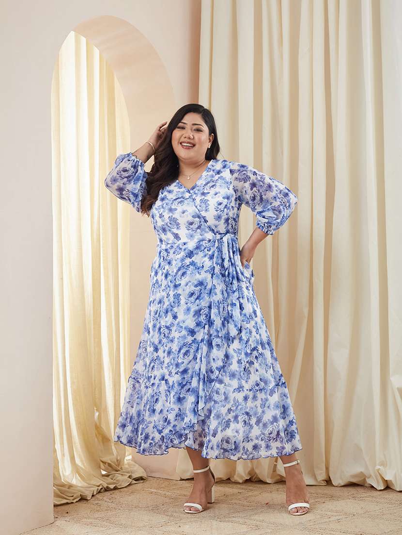 women printed three quarter sleeves wrap midi dress