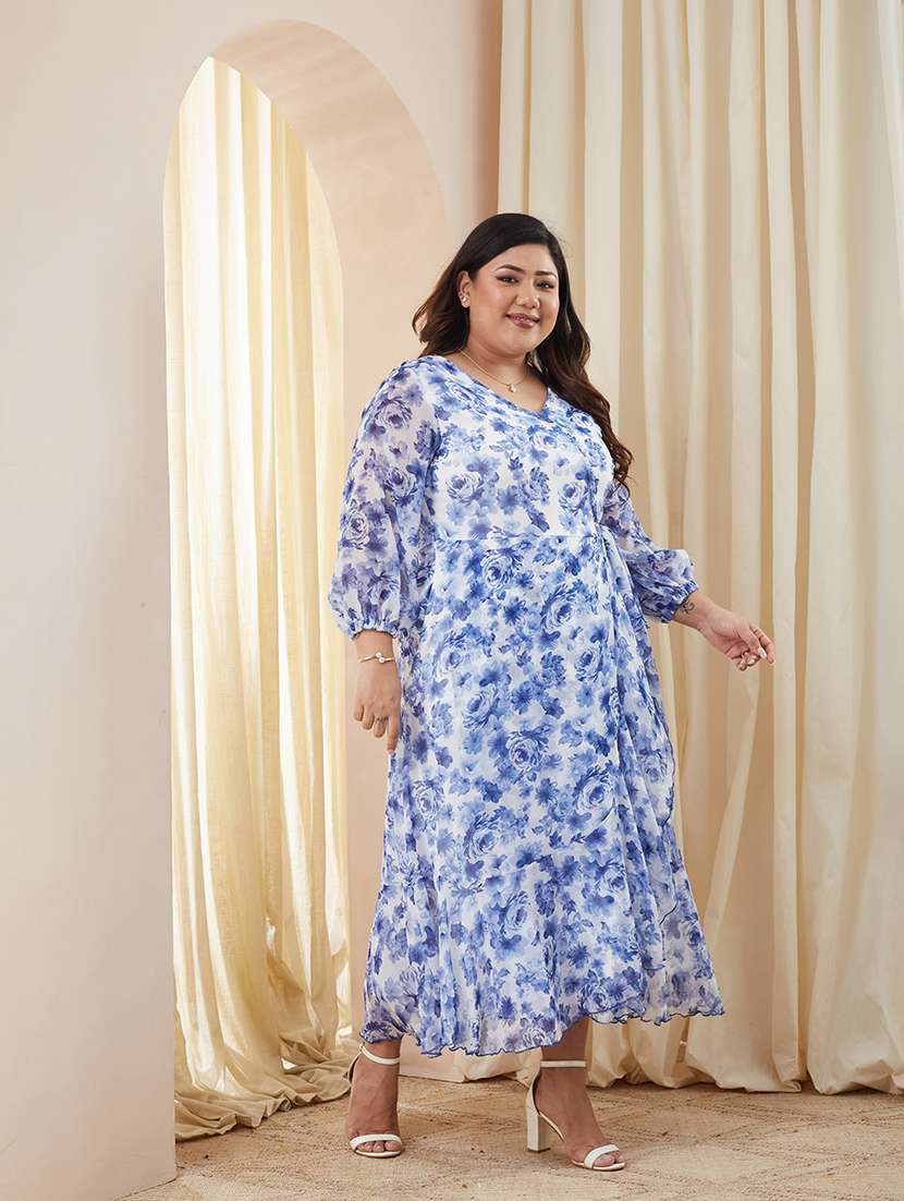 women printed three quarter sleeves wrap maxi dress