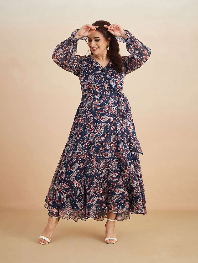 women printed long sleeves wrap maxi dress