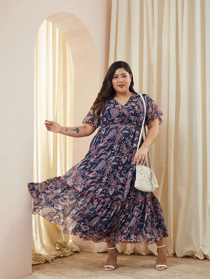 women printed v neck tiered dress