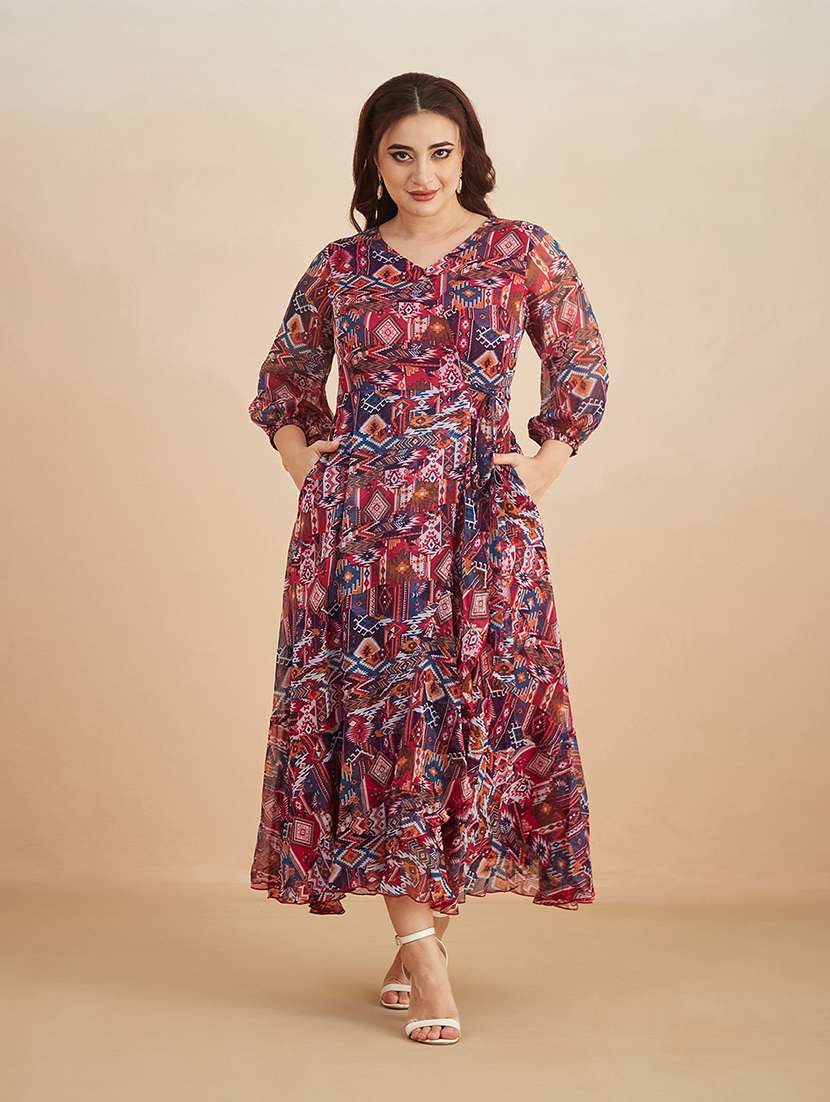 women printed overlap neck wrap dress