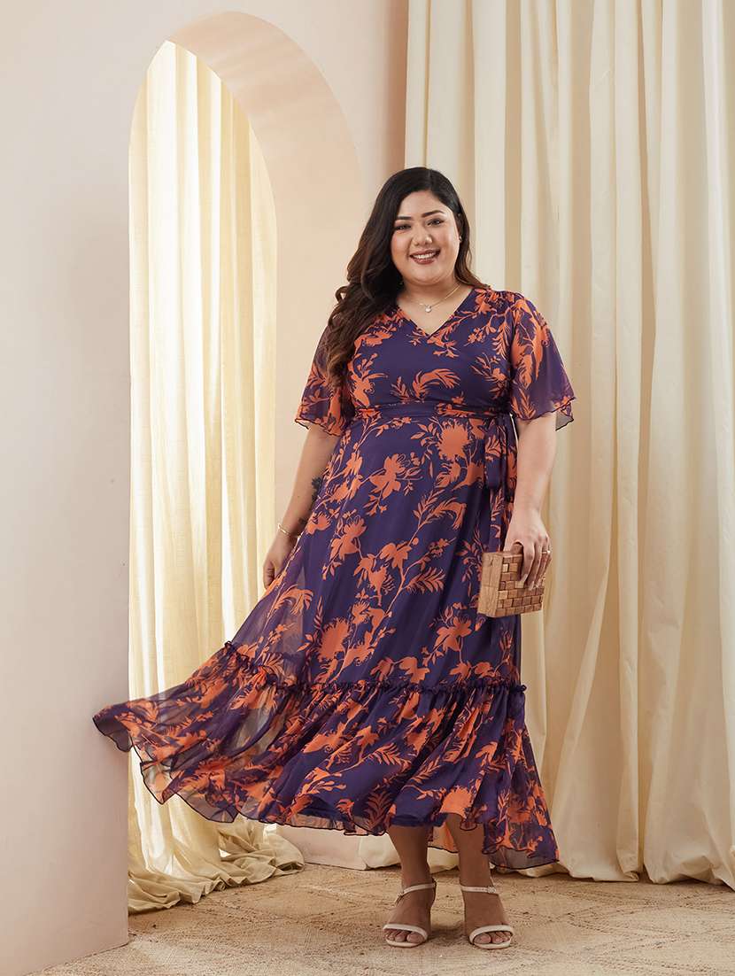 women printed v neck tiered dress