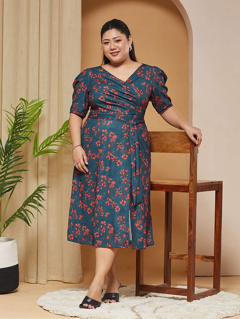 women printed puff sleeves midi wrap dress