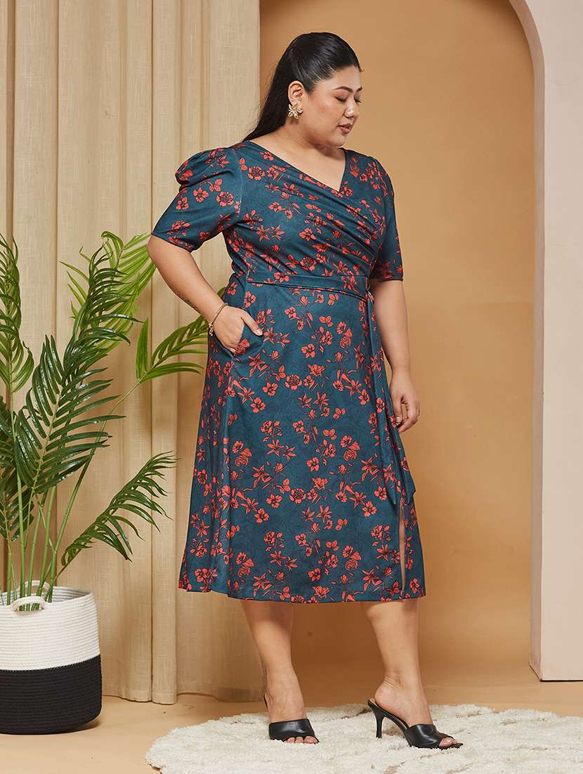 women printed puff sleeves midi wrap dress - 22511473 -  Standard Image - 3