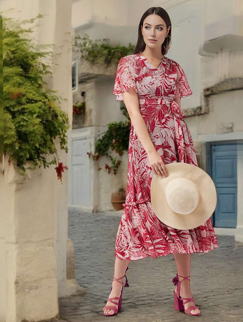 women printed v neck tiered dress