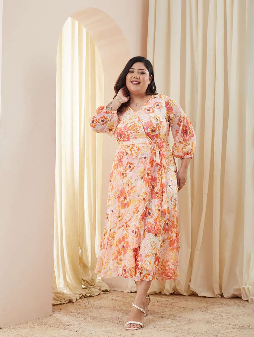 women printed overlap neck wrap dress