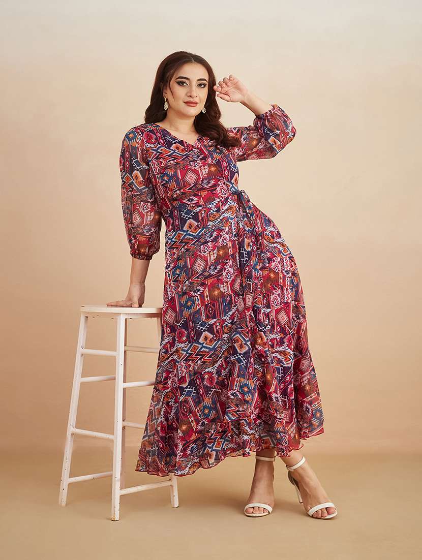 women printed overlap neck maxi fit and flare dress