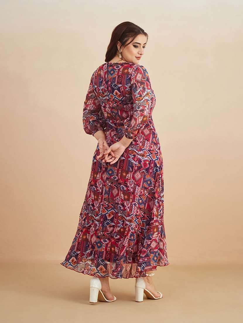women printed overlap neck maxi fit and flare dress - 22511482 -  Standard Image - 3