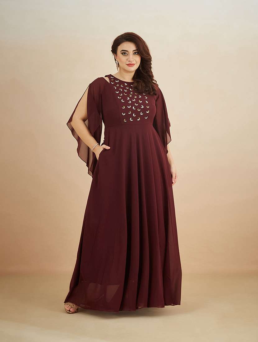 women embroidered round neck maxi gown