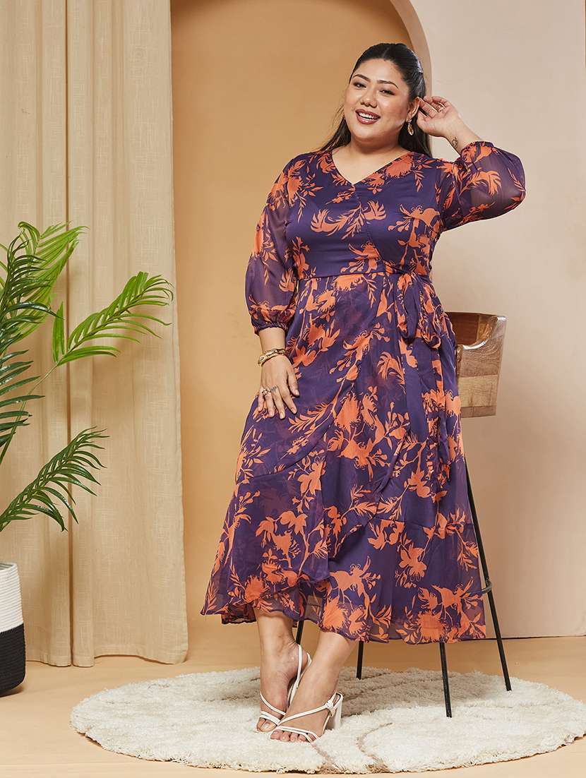 women printed overlap neck wrap dress