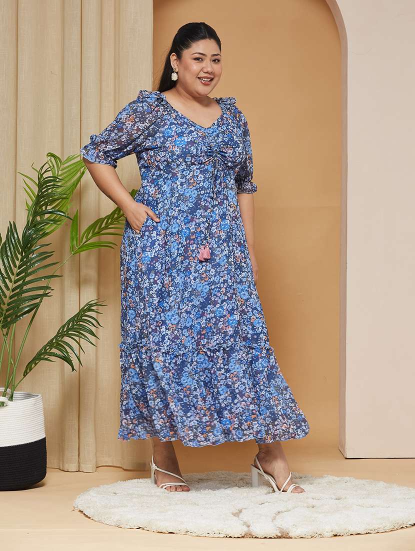women printed puff sleeves maxi tiered dress