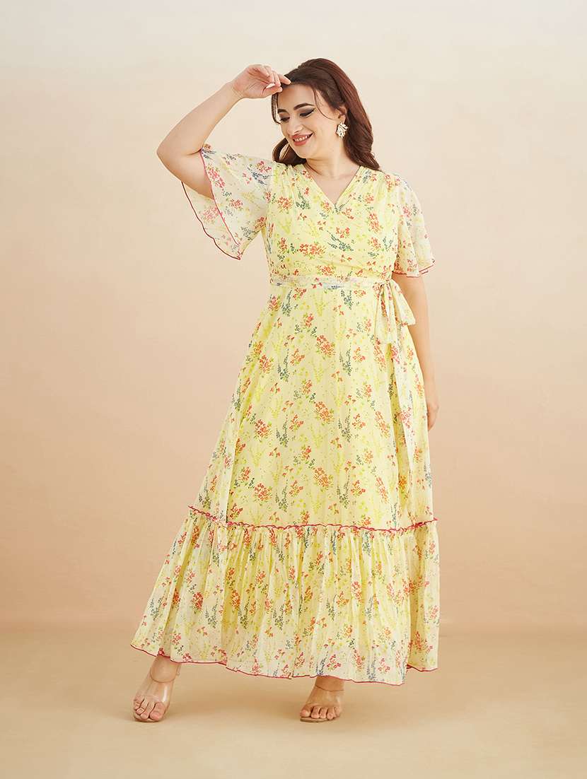 women printed v neck tiered dress