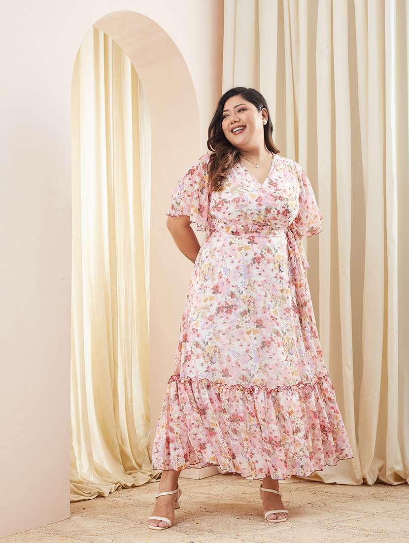 women printed overlap neck maxi tiered dress